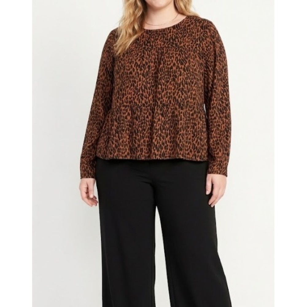 New Gap Tiered Top XL Brown Leopard Print Long Sleeve Blouse Rayon Ultra Soft